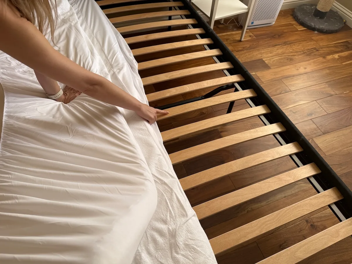 An image illustrating an example of a slatted bed frame