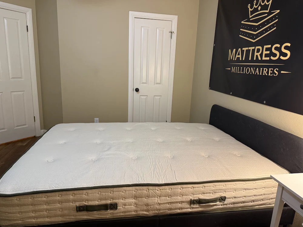 Overhead view of the tufted organic cotton cover on the Avocado Green Mattress