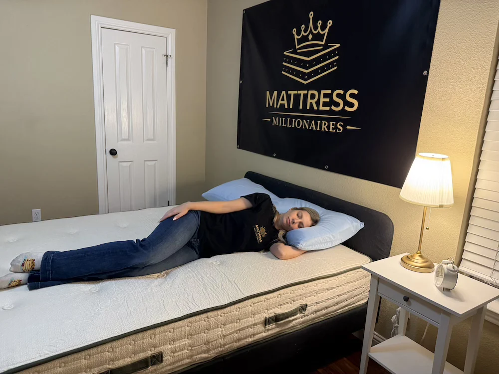 Side sleeper testing pressure relief on the Avocado Green Medium mattress