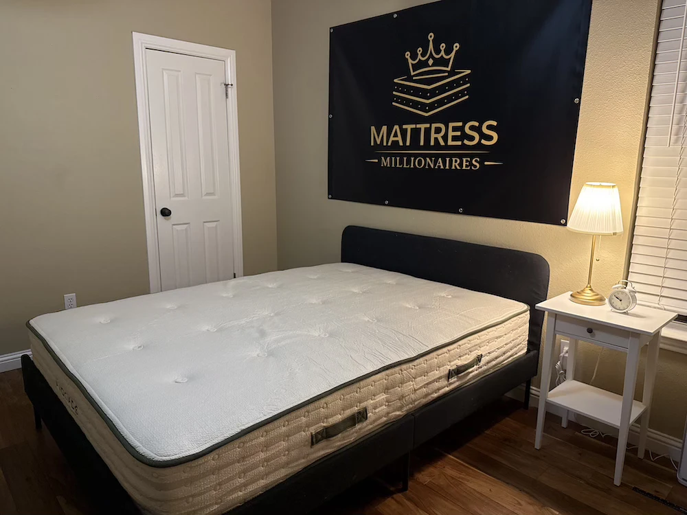 Avocado Green Medium queen mattress in the Mattress Millionaires testing room