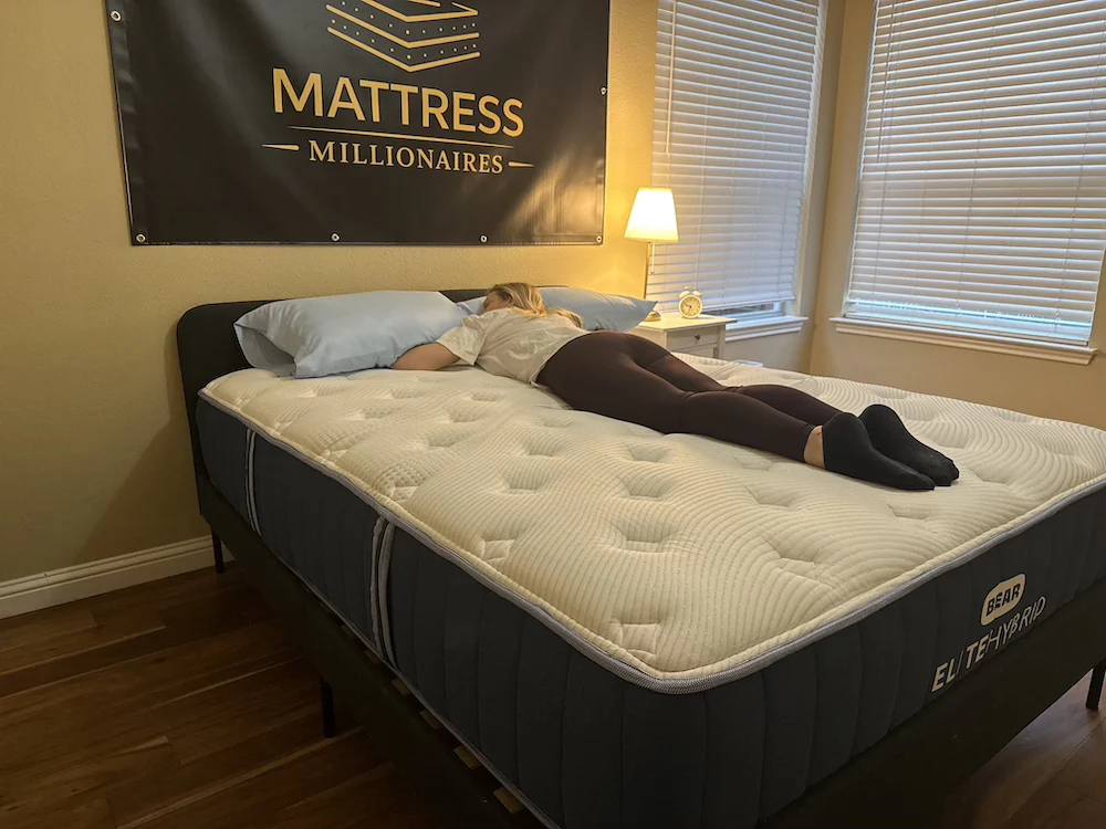 Stomach sleeper testing support on the Bear Elite Hybrid Medium mattress