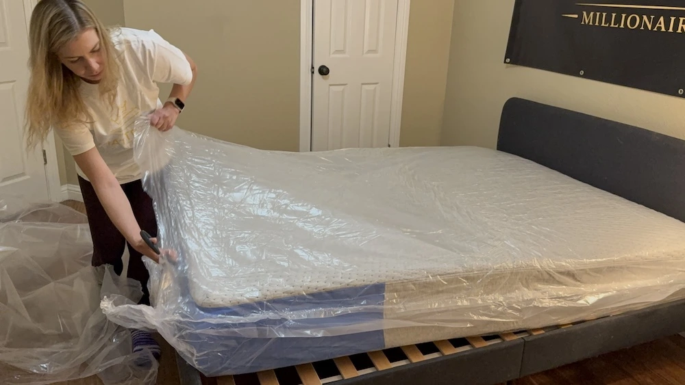 Casper Dream mattress beginning to expand on a slatted bed frame