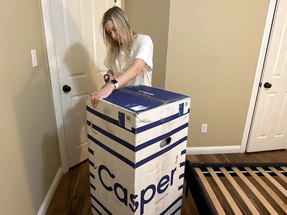 Unboxing the Casper Dream mattress box before setup and testing