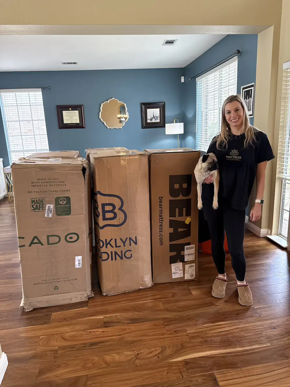 Mattress Millionaires tester with Avocado, Brooklyn Bedding and Bear mattress boxes