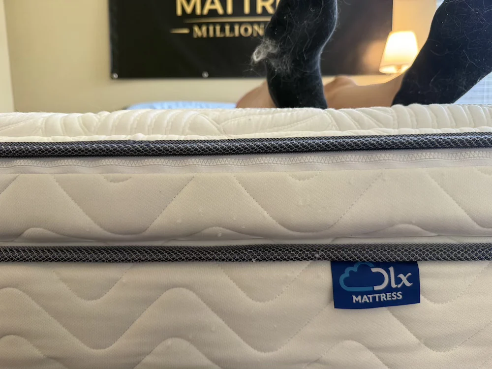 Close-up of a DLX mattressās quilted side panel, zipper, and logo with a sleeperās feet visible above.