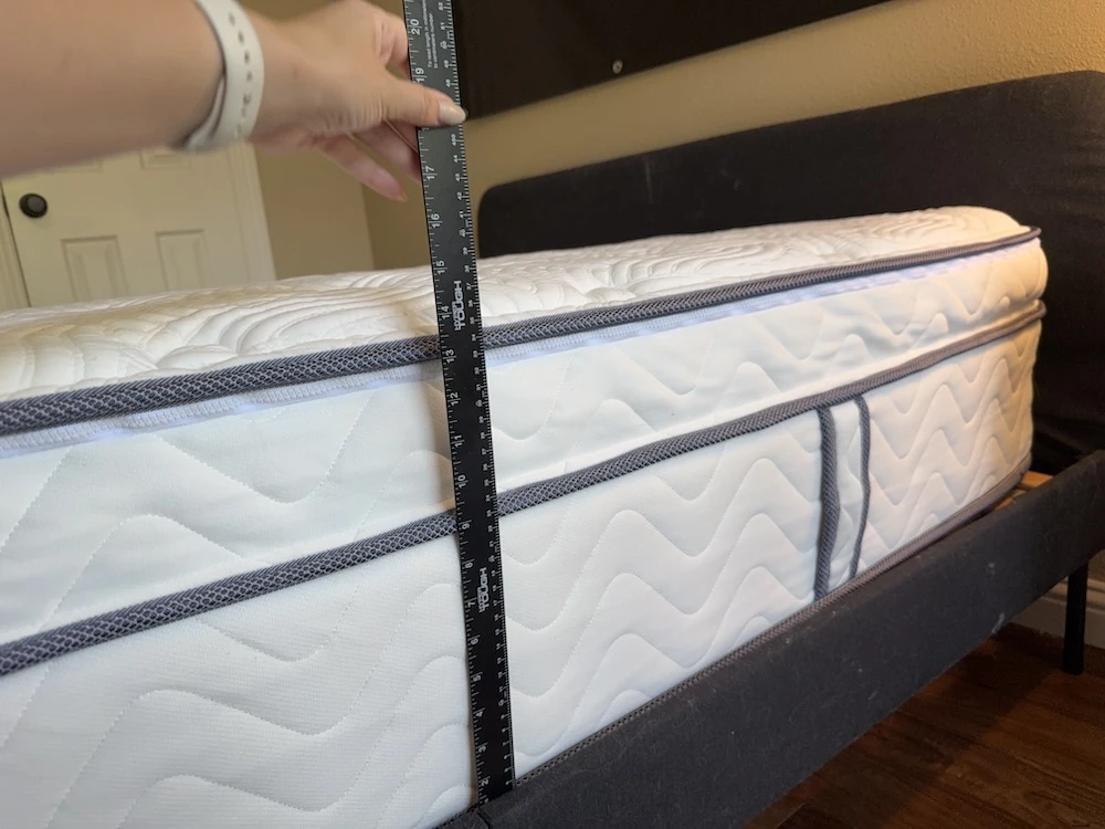 Measuring the DLX Premier Hybrid mattress height after 48 hours of expansion