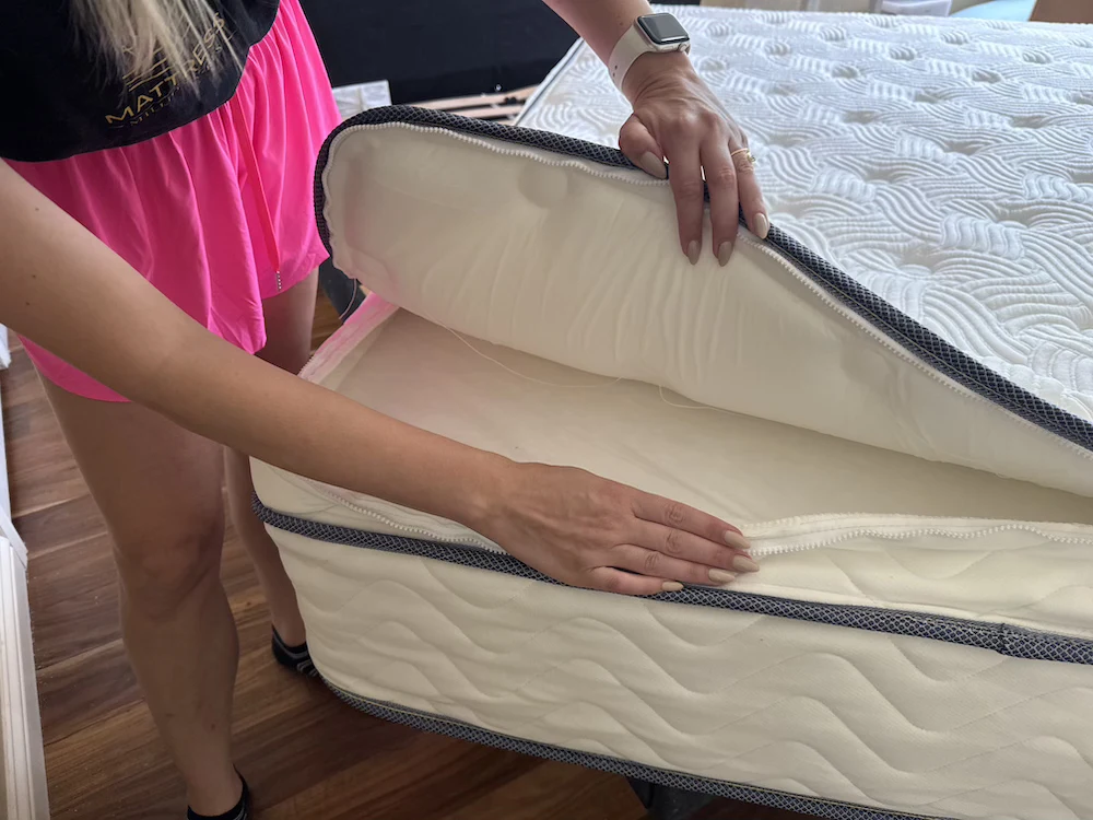 DLX Premier Hybrid cover opened to access the removable comfort layer
