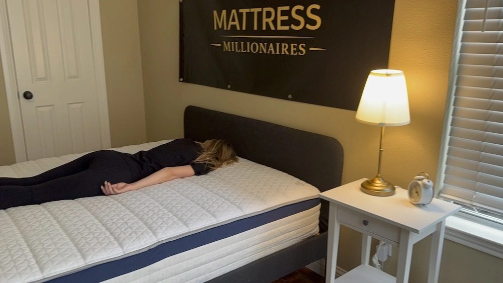 Stomach sleeper testing support beneath the hips on the Helix Midnight mattress