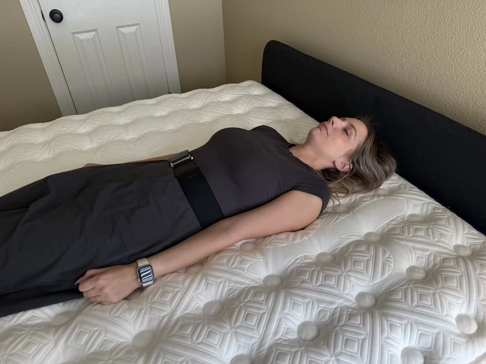 Back sleeper testing support on the Kirkland Signature Lakeridge Pillow Top