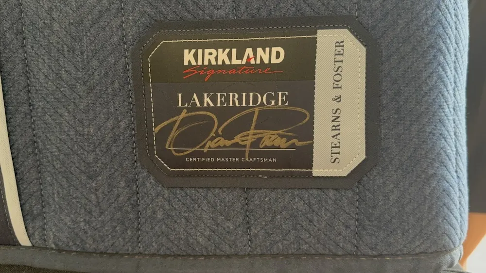 Kirkland Signature Lakeridge mattress label showing Stearns and Foster branding