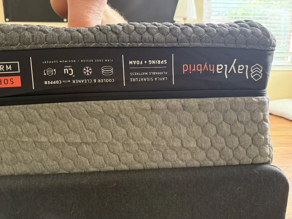 Layla Hybrid mattress label showing soft and firm flippable sides