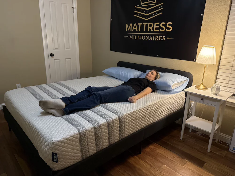 Back sleeper testing support on the Leesa Sapira Hybrid mattress