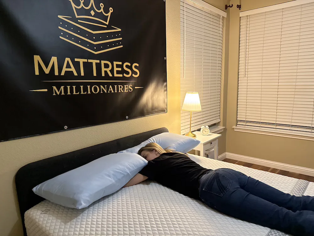 Stomach sleeper testing the Leesa Sapira Hybrid mattress