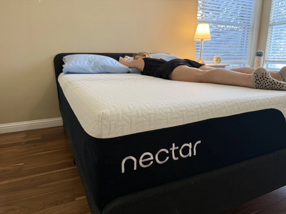 Stomach sleeper testing the Nectar Premier mattress