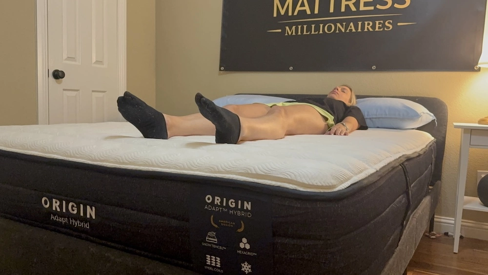 Back sleeper testing support on the Origin Adapt Hybrid mattress