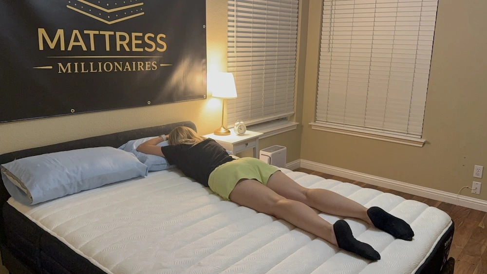 Stomach sleeper testing support on the Origin Adapt Hybrid mattress