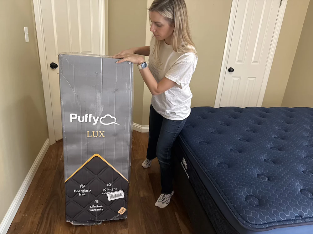 Puffy Lux Hybrid mattress box during unboxing