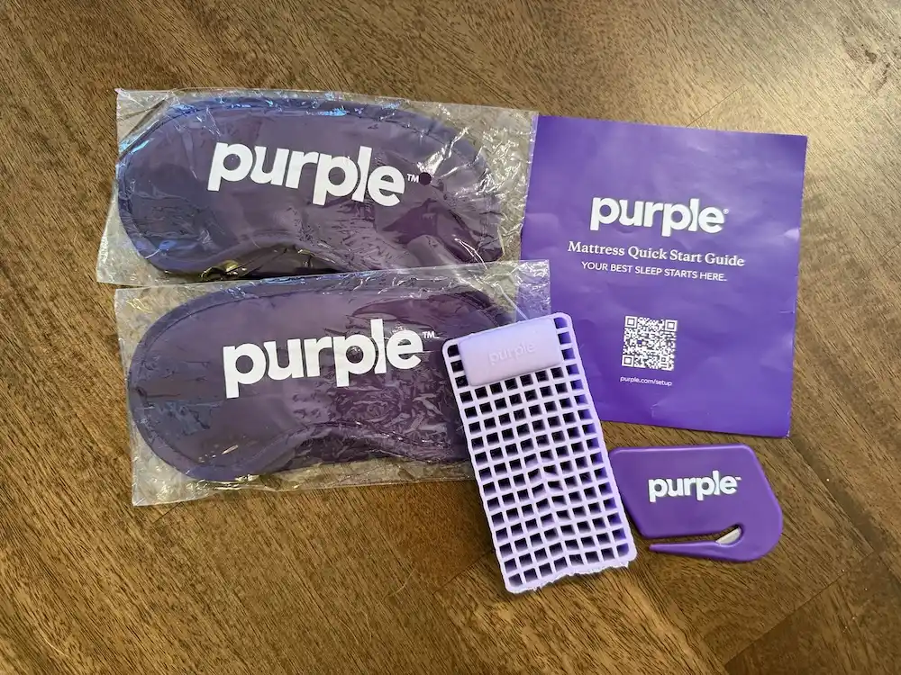 Purple mattress freebies including sleep masks and setup kit