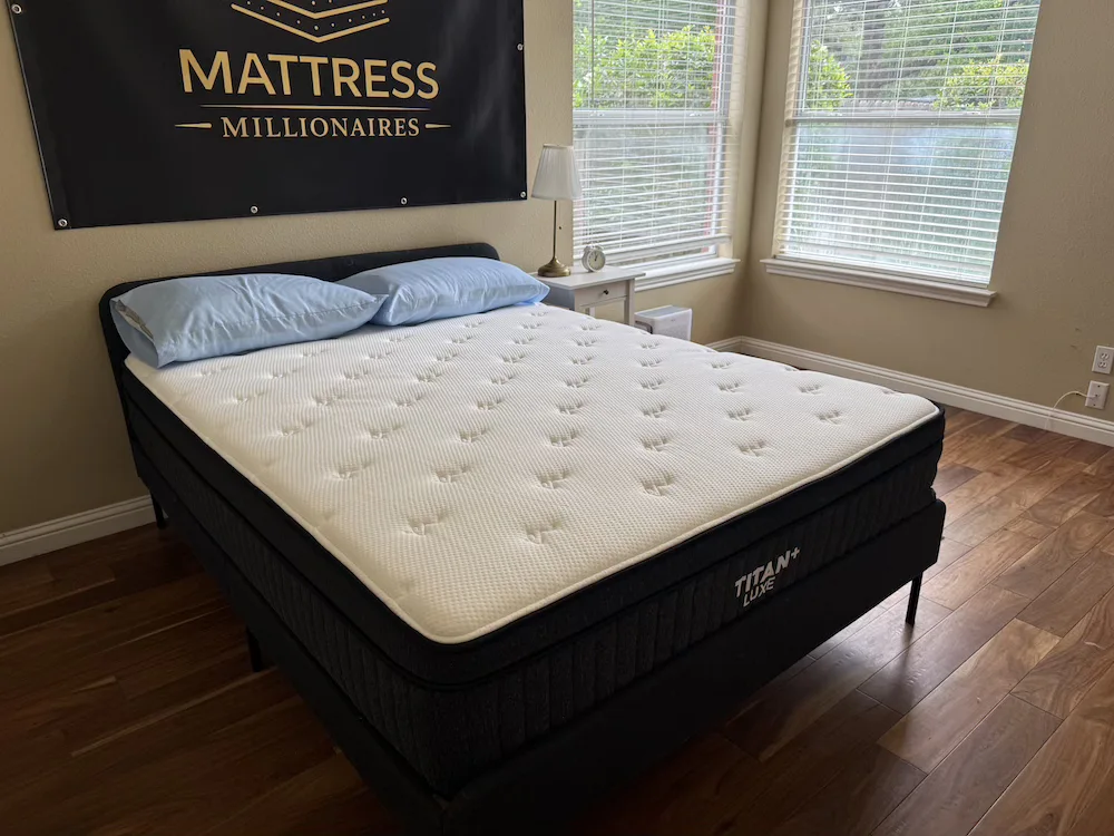 Titan Plus Luxe mattress on a bed frame in the Mattress Millionaires testing room